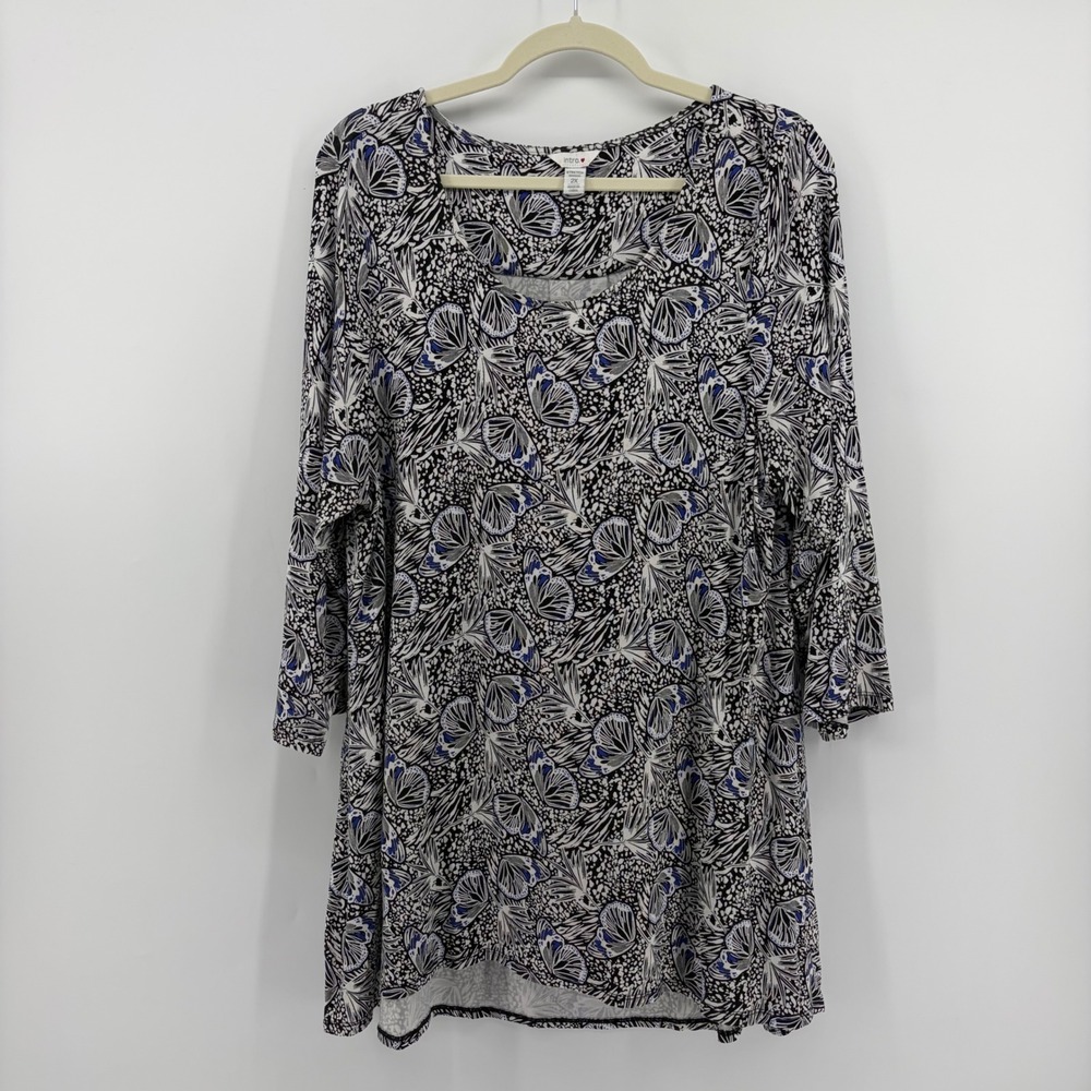 Intro Womens 2X Black Blue Butterfly Print 3/4 Sleeve Tunic Scoop Neck Blouse
